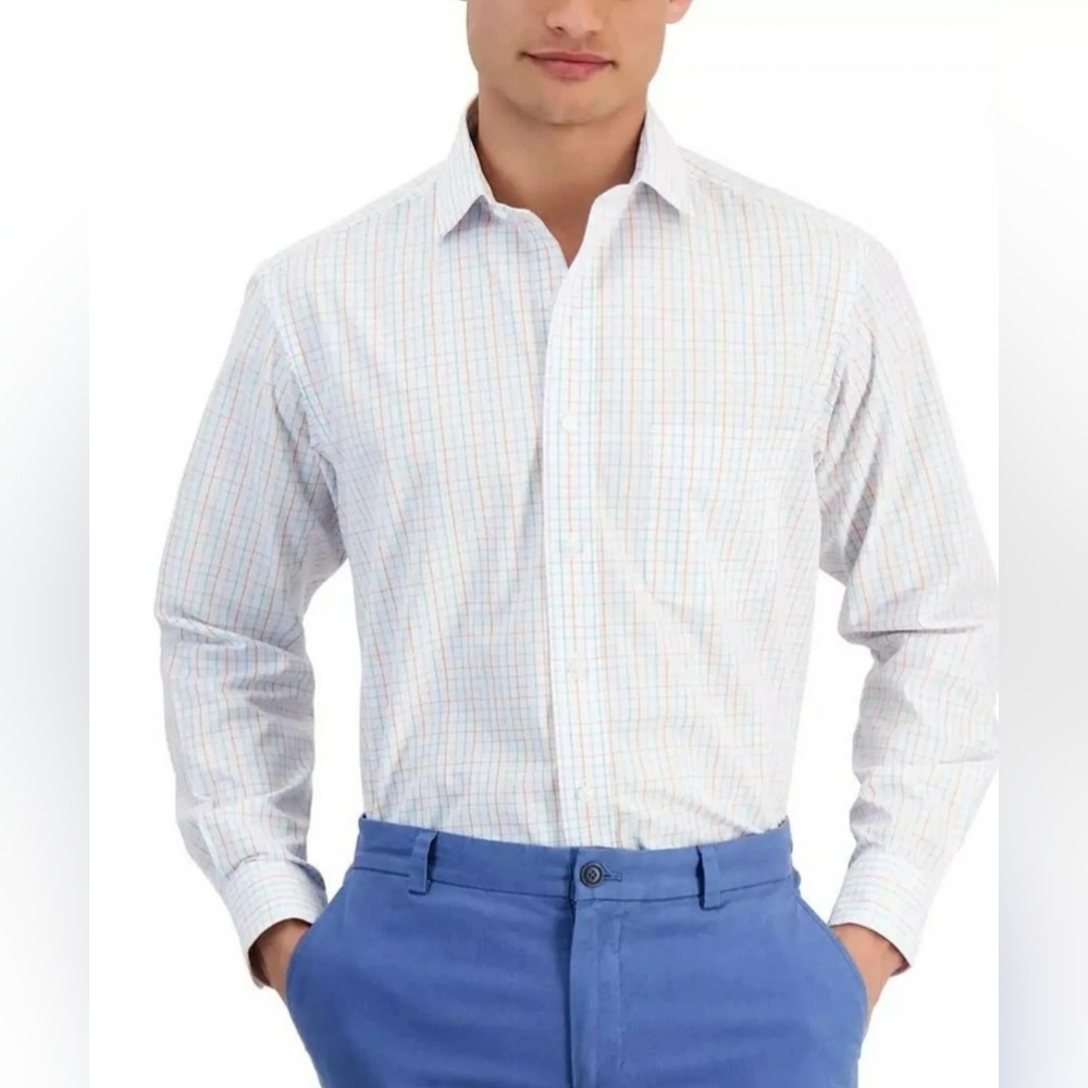 Club Room Men’s Regular Fit Performance Stretch Dress Shirt 16 32/33 Orange/Aqua